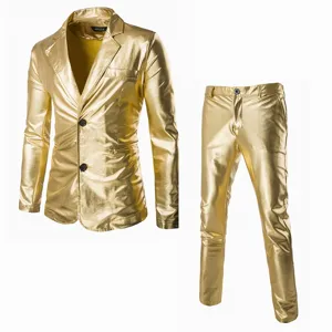Heren Slim Fit Zakelijk Pak Set Bronzen Glanzend Metaal Tweedelig Blazer En Broek Bruiloft Feest Podium Outfit