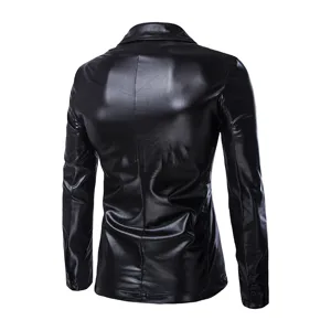 Heren Zwarte Glanzende Kunstlederen Blazer Slim Fit Casual Jasje Kostuumjas Mode