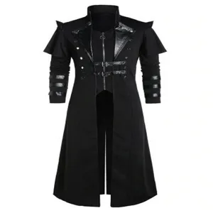 Medieval Renaissance gothic steampunk long trench coat black vintage stage costume apparel