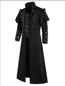 Medieval Renaissance punk long black coat gothic trench jacket for men stage performance.