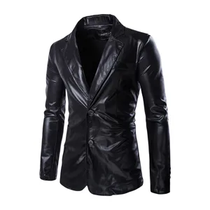 Heren glanzende zwarte PU lederen slim fit casual pak jas blazer voor dagelijks.