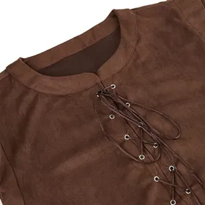 Renaissance pirate suede lace-up top detail, brown vintage vest costume for cosplay event.