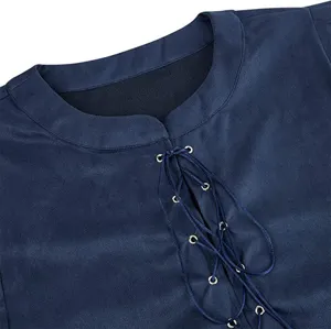 Dark blue suede lace-up top renaissance medieval pirate costume vest detail view.