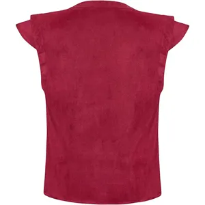 Burgundy suede sleeveless vest detail, soft fabric texture, retro costume top close up view.