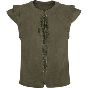 Detail view of the renaissance medieval green suede vest showcasing the lace-up front and cap sleeves.
