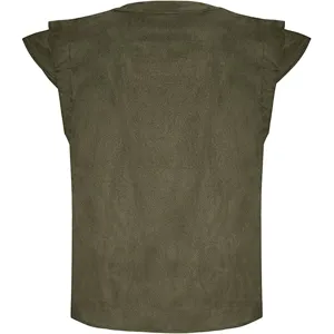 Olive green suede Renaissance pirate vest, vintage sleeveless costume top for Halloween cosplay.