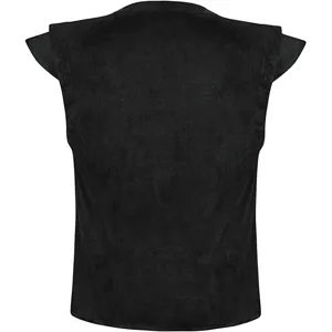 Black suede renaissance vest back view detail, perfect for pirate cosplay and Halloween costumes.