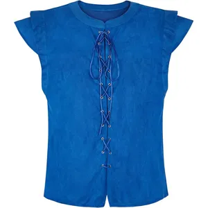 Close-up of blue faux suede Renaissance vest with front lace-up details and metal eyelets.