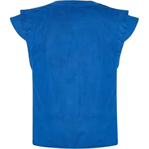 Detailed view of the blue faux suede renaissance pirate cosplay vest with layered shoulder design.