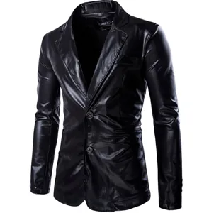 Veste blazer slim en similicuir noir pour homme, costume décontracté brillant et élégant.