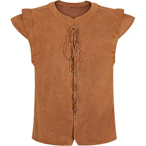 Brown medieval renaissance suede vest lace up front vintage costume detail close view