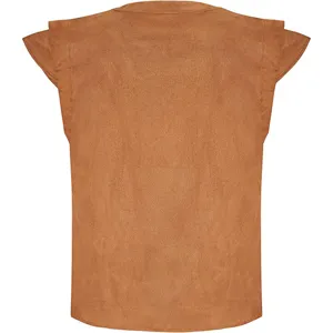 Detailed back view of brown suede sleeveless vest, vintage renaissance costume top apparel.