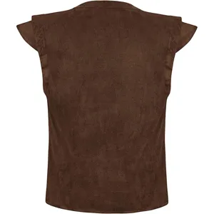 Brown faux suede vest detail showing the medieval renaissance costume texture and back design.