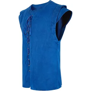 Blue Renaissance medieval pirate vest suede sleeveless costume top for Halloween cosplay men.
