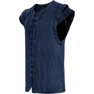 Detailed view of the medieval sleeveless lace-up vest in dark blue faux suede fabric.