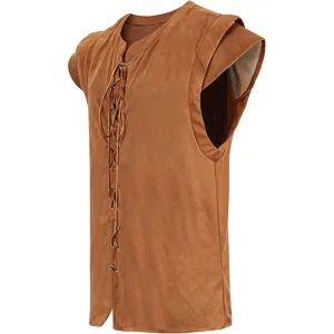 Close-up detail of the brown renaissance laced faux suede vest, medieval cosplay tunic.