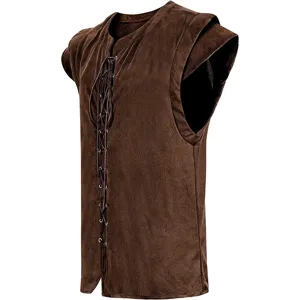 Men medieval renaissance brown faux suede lace up pirate vest sleeveless costume top