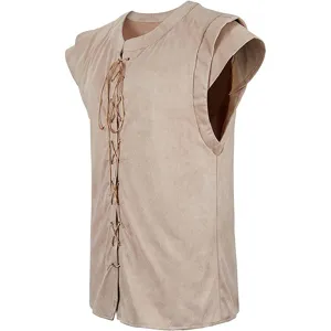 Renaissance medieval pirate suede sleeveless vest close up, ideal for cosplay costume events.