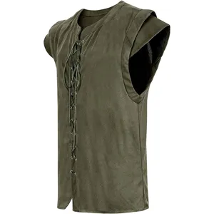 Sleeveless lace-up vest, faux suede fabric, medieval Renaissance pirate cosplay costume detail.