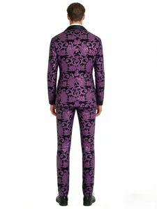 Costume deux pièces à fleurs et sequins violets pour homme, blazer et pantalon de scène.