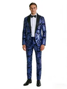 Costume homme bleu à sequins avec motif, idéal pour les spectacles et soirées.
