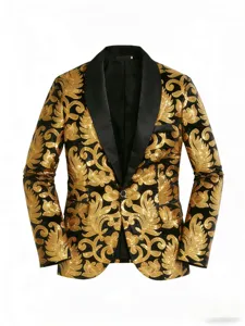 Vue détaillée du motif baroque à sequins dorés sur le blazer formel noir pour homme.