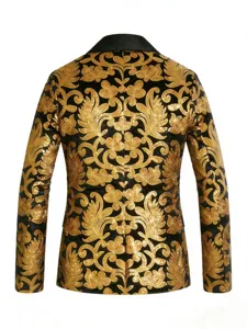 Vue détaillée du blazer baroque à sequins dorés pour homme, idéal pour la scène et fêtes.