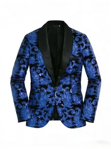 Détail de blazer floral à sequins bleus pour homme, veste de scène de fête élégante.