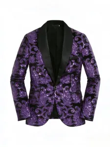 Veste de costume de scène de fête à motif floral de sequins violets pour hommes