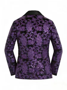 Vue détaillée du dos d'un blazer à sequins violets avec col châle en satin noir classique.
