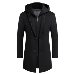 Detail view of men casual woolen trench coat with detachable hood and zipper inner layer.