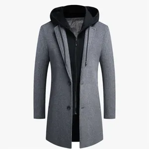 Men's Korean Casual Wool Blend Trench Coat Winter Mid Length Slim Fit Single Breasted Detachable Hood Outerwear