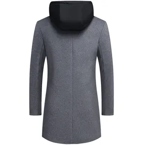 Men's grey wool blend coat back view with detachable black hood, casual winter outerwear.
