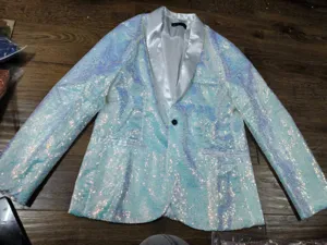 Men sequin suit jacket shiny stage performance party blazer white lapel single button coat