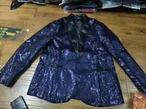 Men's Blue Sequin Blazer Satin Lapel Suit Jacket Single Button Stage Performance Party Outerwear
