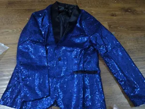 Men stylish blue sequin blazer tuxedo jacket single button party stage performance outerwear