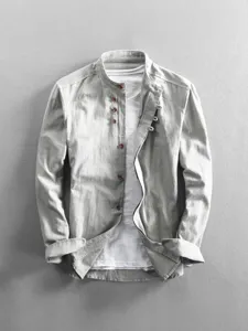 Men's casual linen mandarin collar long sleeve shirt with inner tee grey fashion top