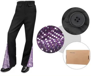 Close-up detail of retro 70s disco pants with purple sequin panels and button features.