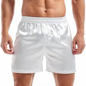 Men's silk satin boxer shorts comfortable lounge sleepwear solid white casual briefs underwear.