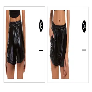 Women shiny PU leather casual shorts detail view featuring high waist and adjustable drawstring.
