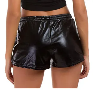 Black shiny PU leather shorts for women, high waist elastic casual summer streetwear style detail.