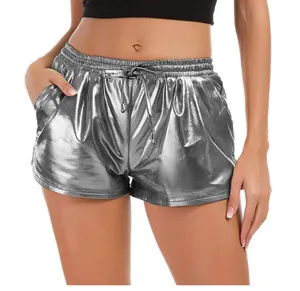 Women metallic shiny PU leather shorts casual summer streetwear drawstring elastic waist pocket