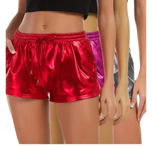 Metallic PU leather shorts for women, casual streetwear drawstring elastic waist shorts fashion.