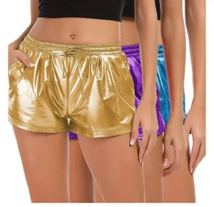 Metallic PU leather casual shorts detail showing shiny gold finish, elastic drawstring waist.