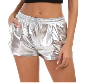 Women metallic shiny PU leather casual shorts with drawstring and pockets for streetwear.