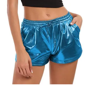 Metallic blue PU leather casual shorts for women, summer street style drawstring waist.