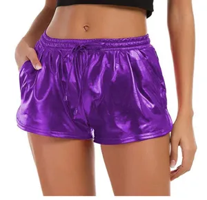 Women metallic purple PU leather shorts casual drawstring summer streetwear apparel detail view