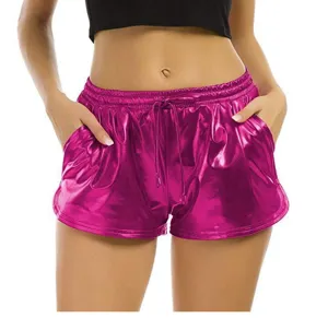 Metallic pink PU leather casual shorts for women, comfortable straight fit with drawstring.