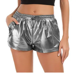 Silver metallic PU leather shorts detail, elastic drawstring waist, casual streetwear.