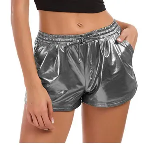 Metallic PU leather casual shorts for women with elastic drawstring waist and side pockets.